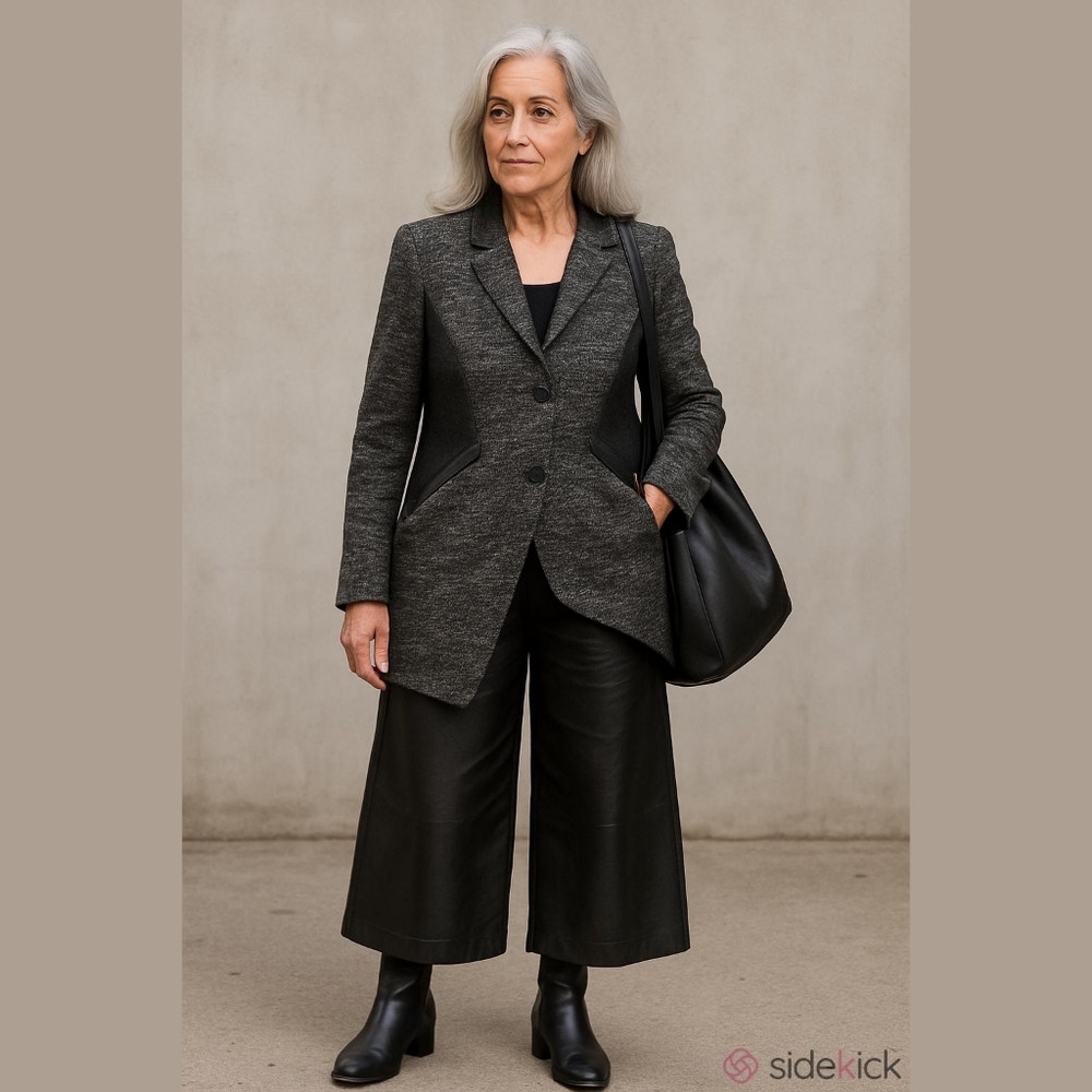 Zelda Blazer Jacket women's size 8  black white faux leather button Office Snazz